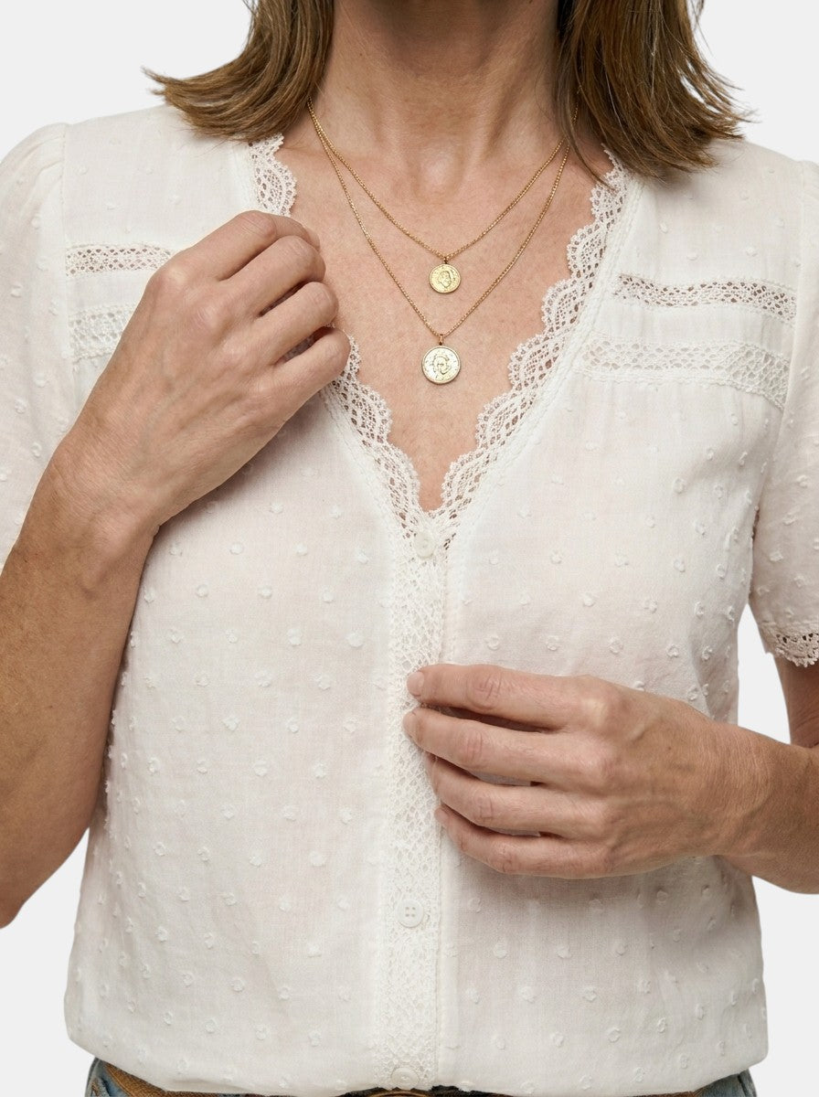Blusa elegante de encaje para mujer | Top blanco de manga larga con escote en V para todas las ocasiones