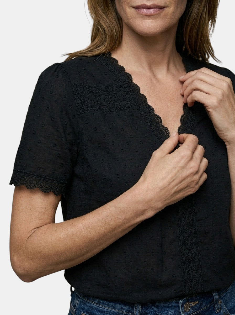 Blusa elegante de encaje para mujer | Top blanco de manga larga con escote en V para todas las ocasiones