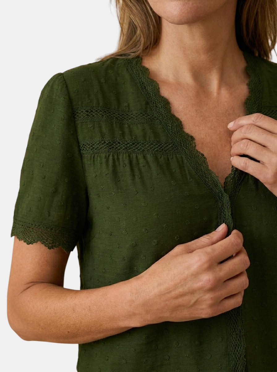 Blusa elegante de encaje para mujer | Top blanco de manga larga con escote en V para todas las ocasiones