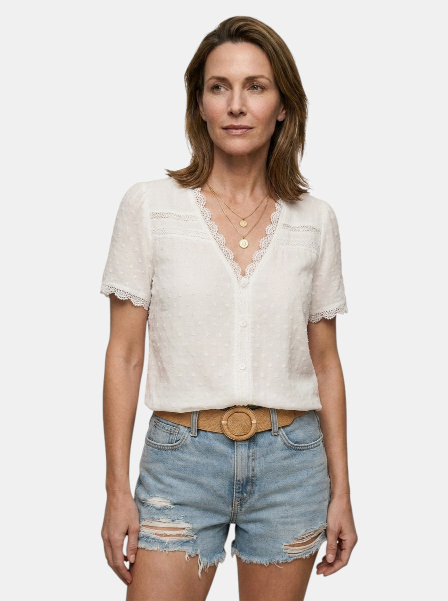 Blusa elegante de encaje para mujer | Top blanco de manga larga con escote en V para todas las ocasiones