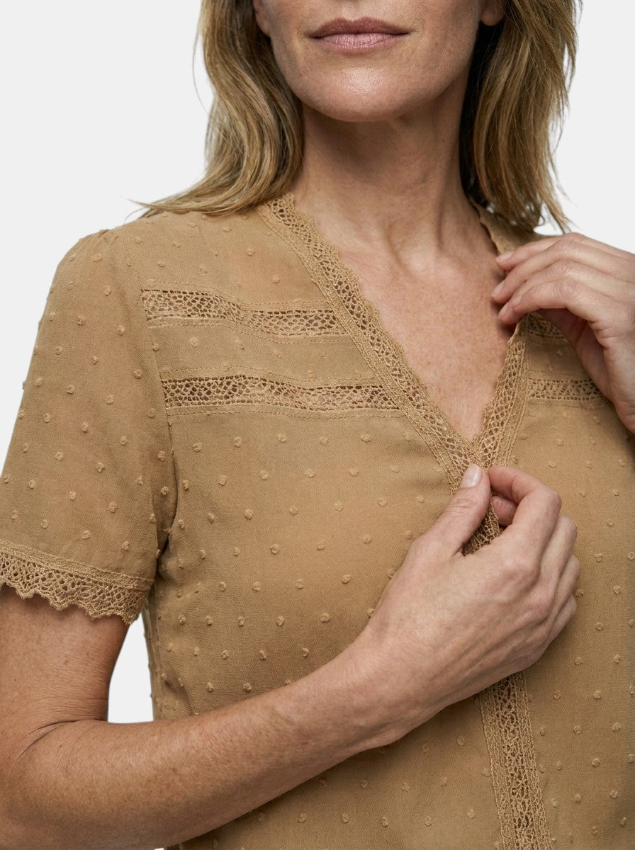 Blusa elegante de encaje para mujer | Top blanco de manga larga con escote en V para todas las ocasiones