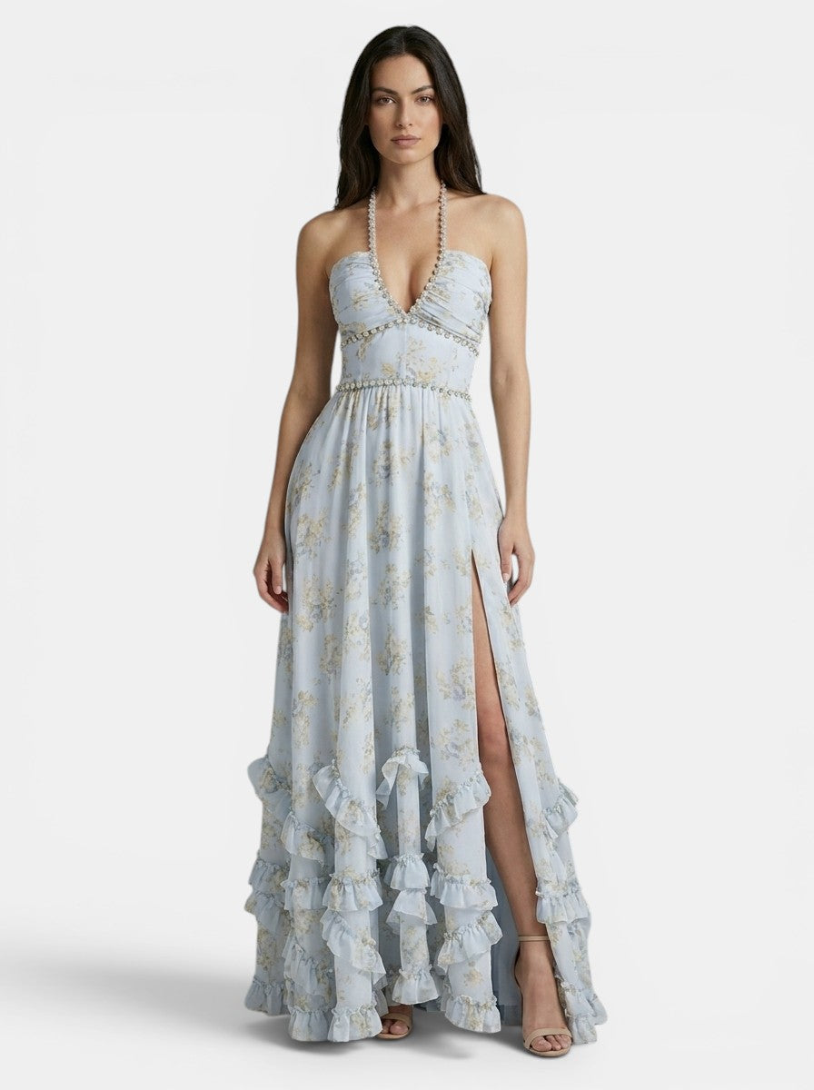 Robe longue élégante pour femme en tapisserie pêche | Encolure dos nu gracieuse avec jupe plissée