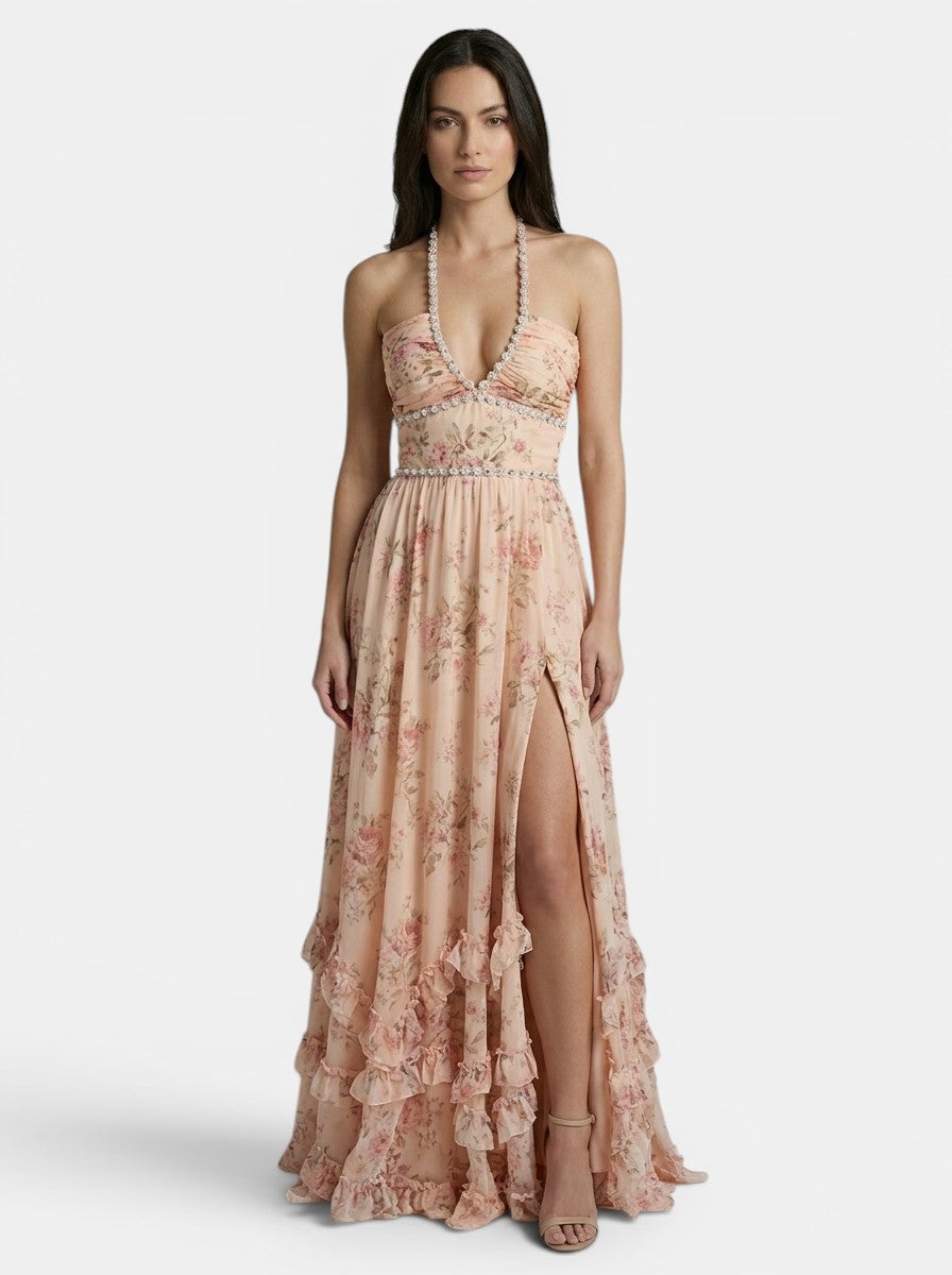 Robe longue élégante pour femme en tapisserie pêche | Encolure dos nu gracieuse avec jupe plissée