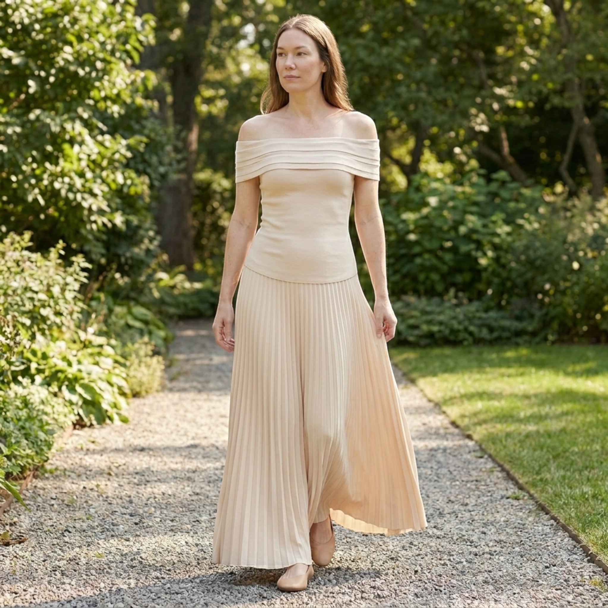 Robe longue plissée élégante pour femme | Robe formelle intemporelle à épaules dénudées