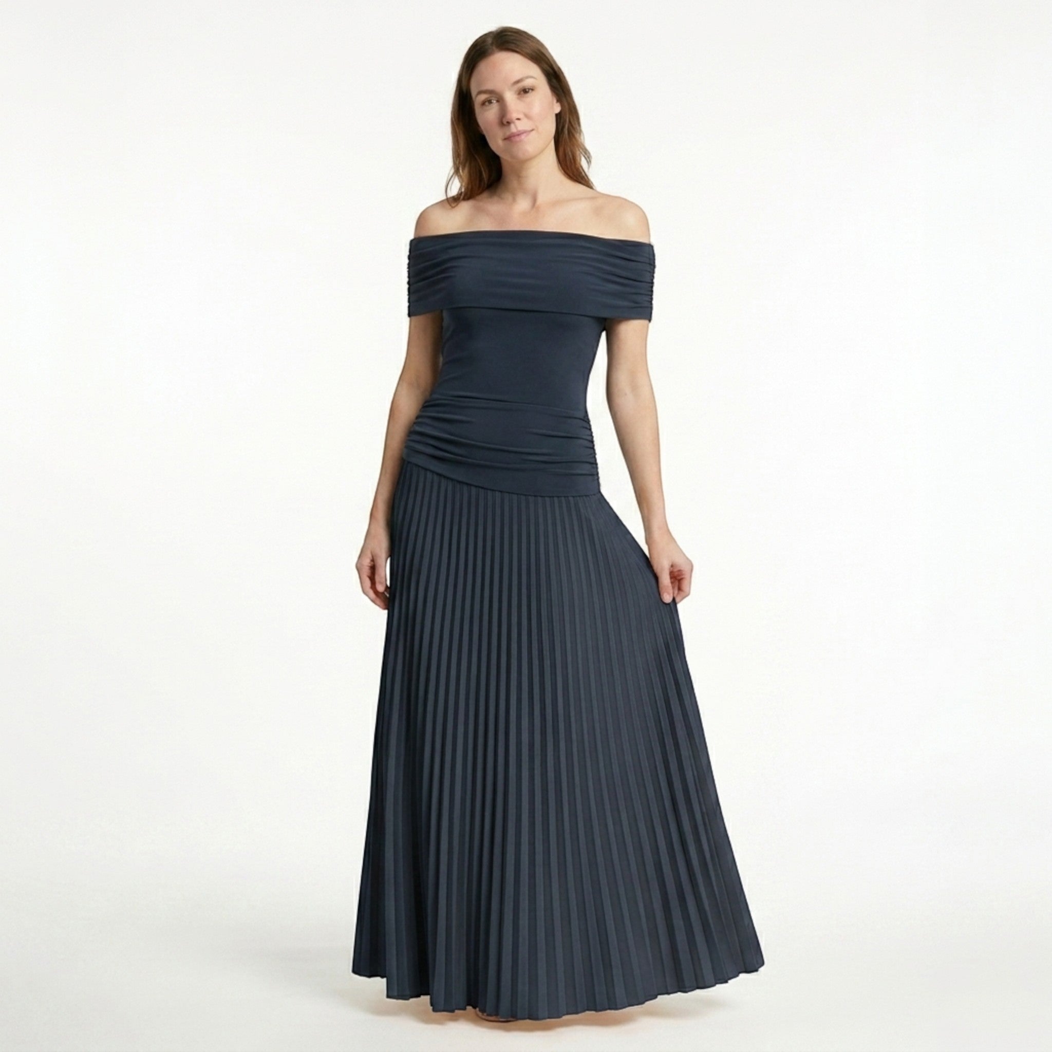 Robe longue plissée élégante pour femme | Robe formelle intemporelle à épaules dénudées