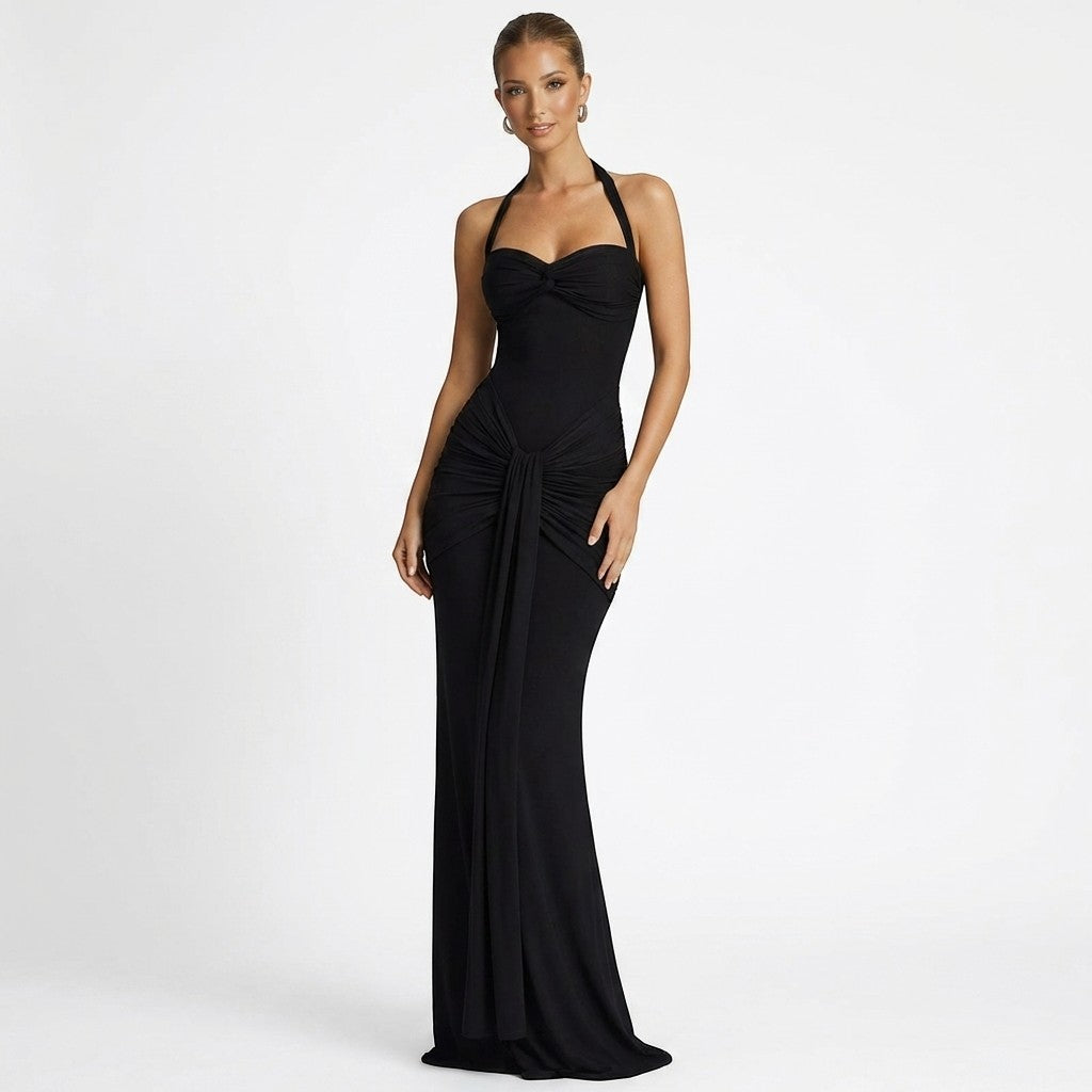 Women's Elegant Ruched Maxi Dress | Chic Halter Neck Formal Gown