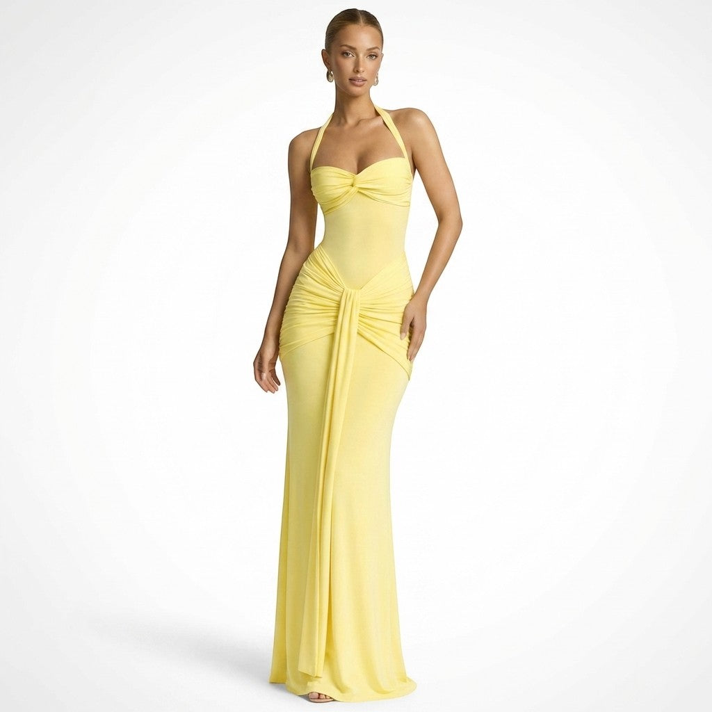 Women's Elegant Ruched Maxi Dress | Chic Halter Neck Formal Gown