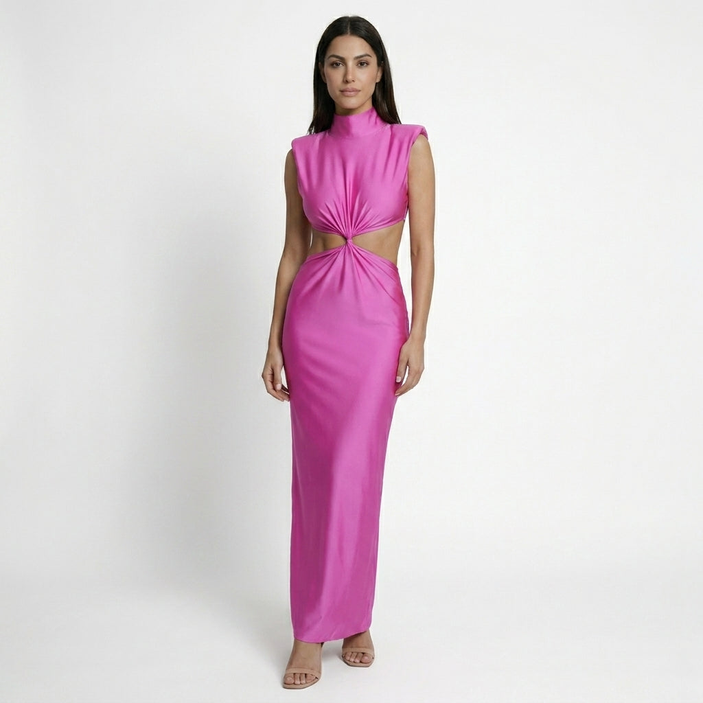 Abito lungo aderente da donna elegante con taglio intrecciato | Vestito senza maniche aderente con collo alto