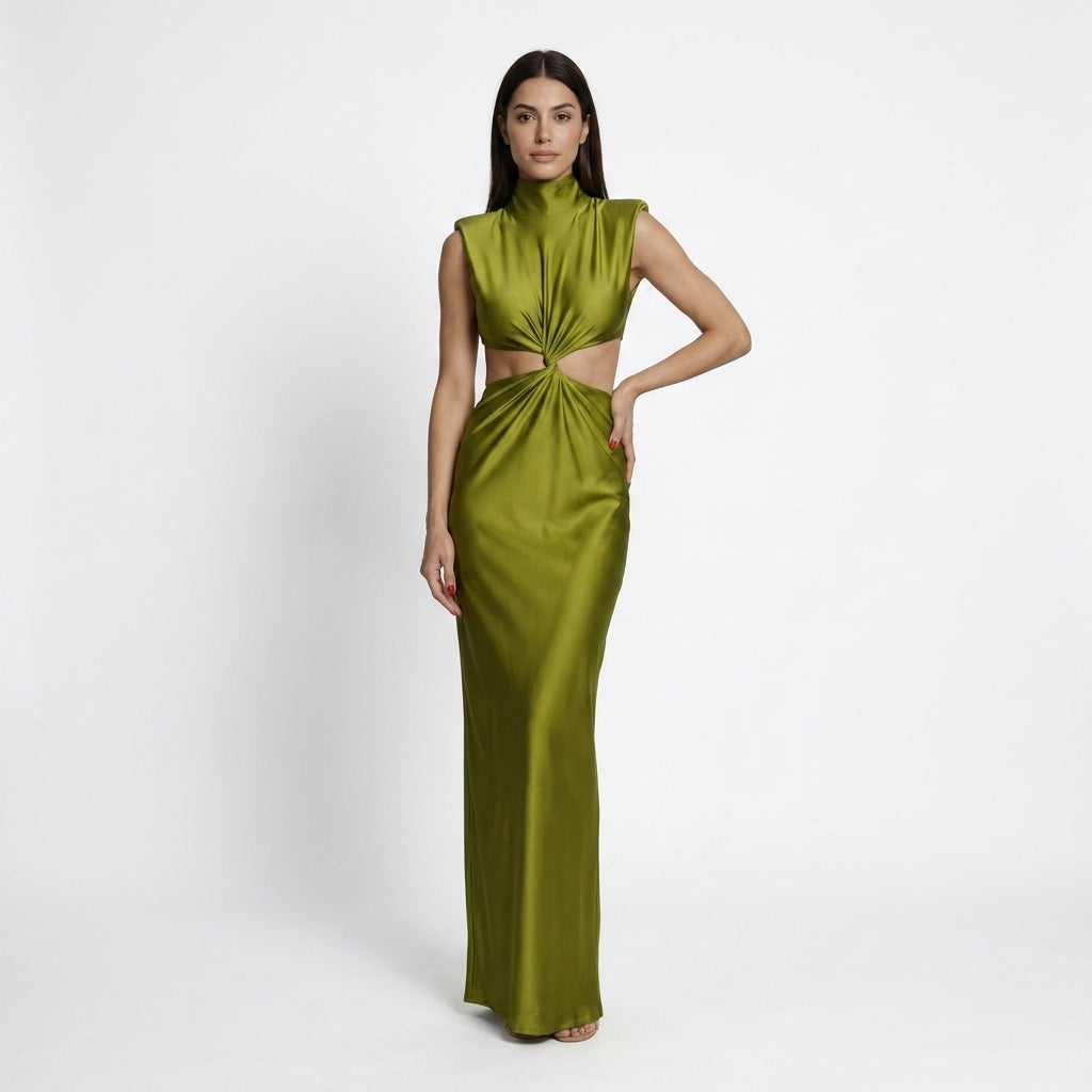 Abito lungo aderente da donna elegante con taglio intrecciato | Vestito senza maniche aderente con collo alto