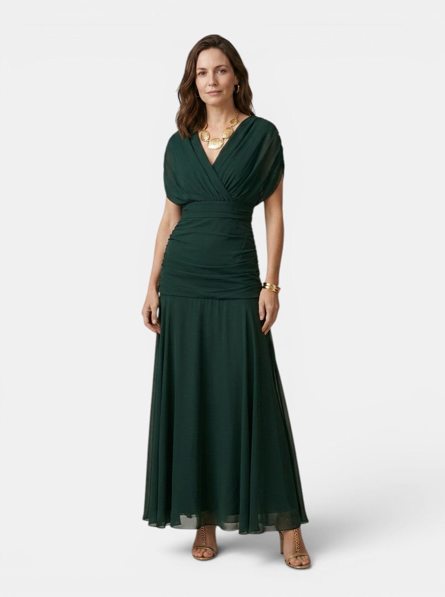 Womens Elegant V-Neck Maxi Dress | Flowing Short Sleeve Evening Gown 2