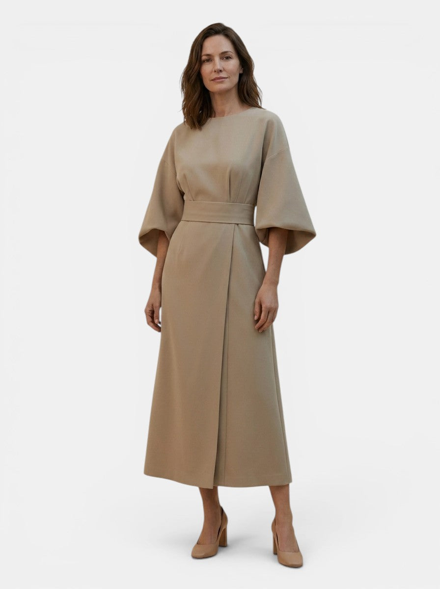Womens Elegant Wrap Midi Dress | Black Balloon Sleeve Cocktail Dress 9