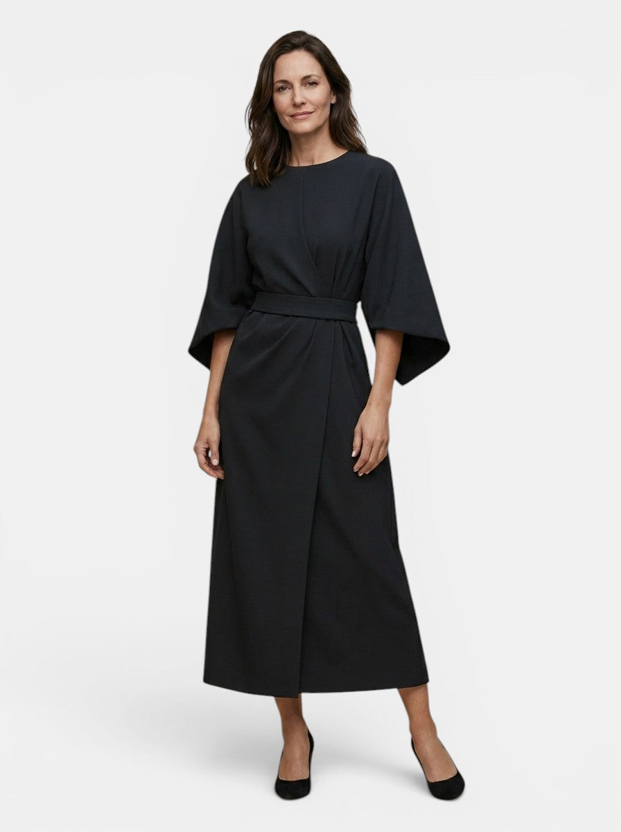 Womens Elegant Wrap Midi Dress | Black Balloon Sleeve Cocktail Dress 3