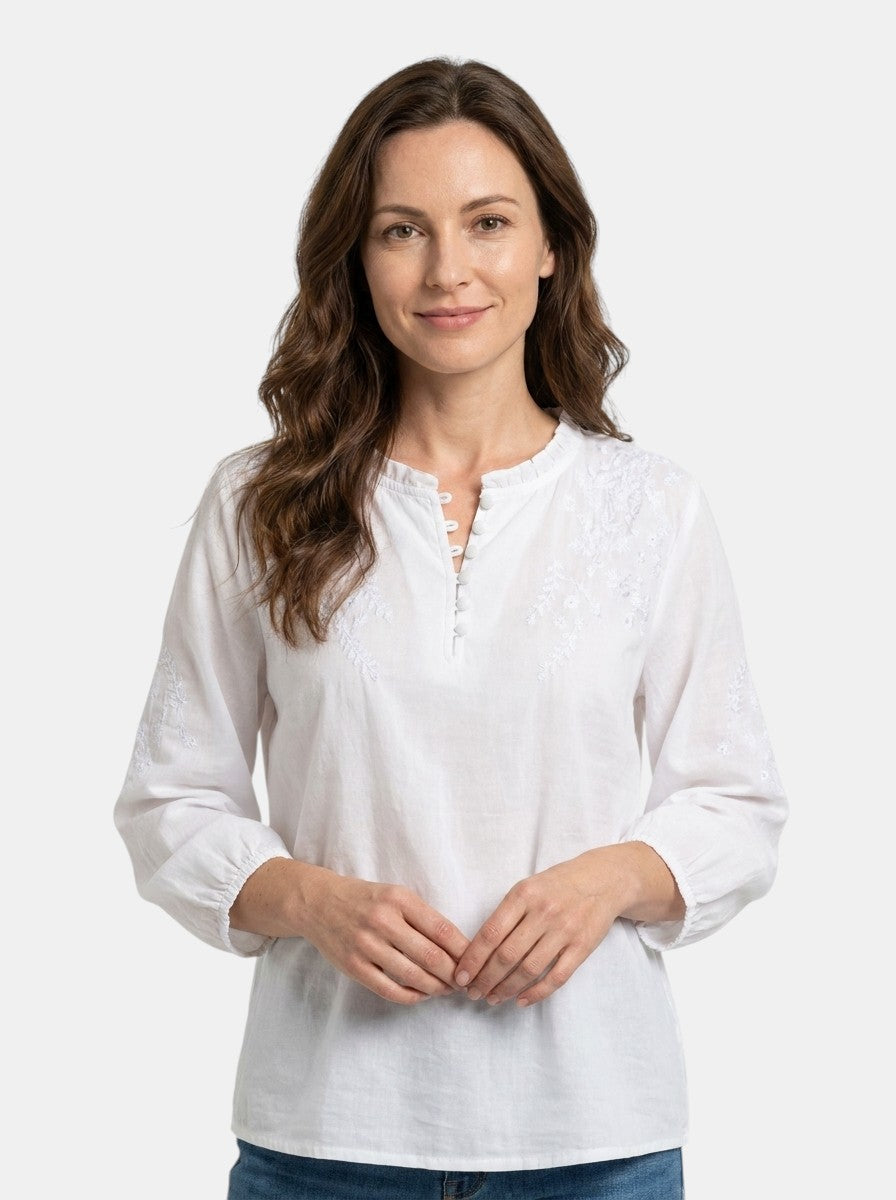 Blusa femenina bordada con flores | Top de verano ligero y elegante con diseño clásico de botones al frente