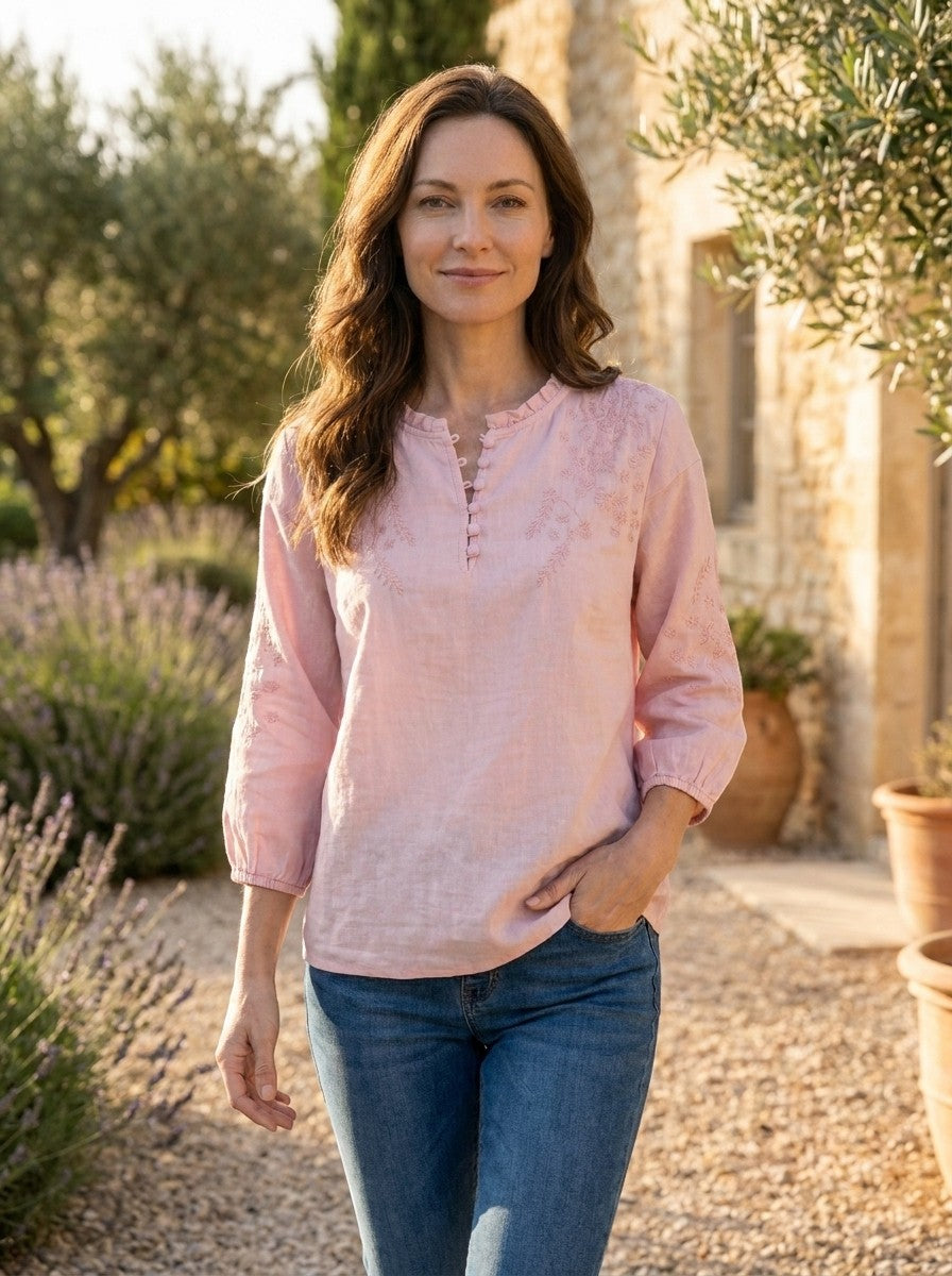 Women's Floral Embroidered Blouse | Lightweight Elegant Summer Top with Classic Button-Front Design