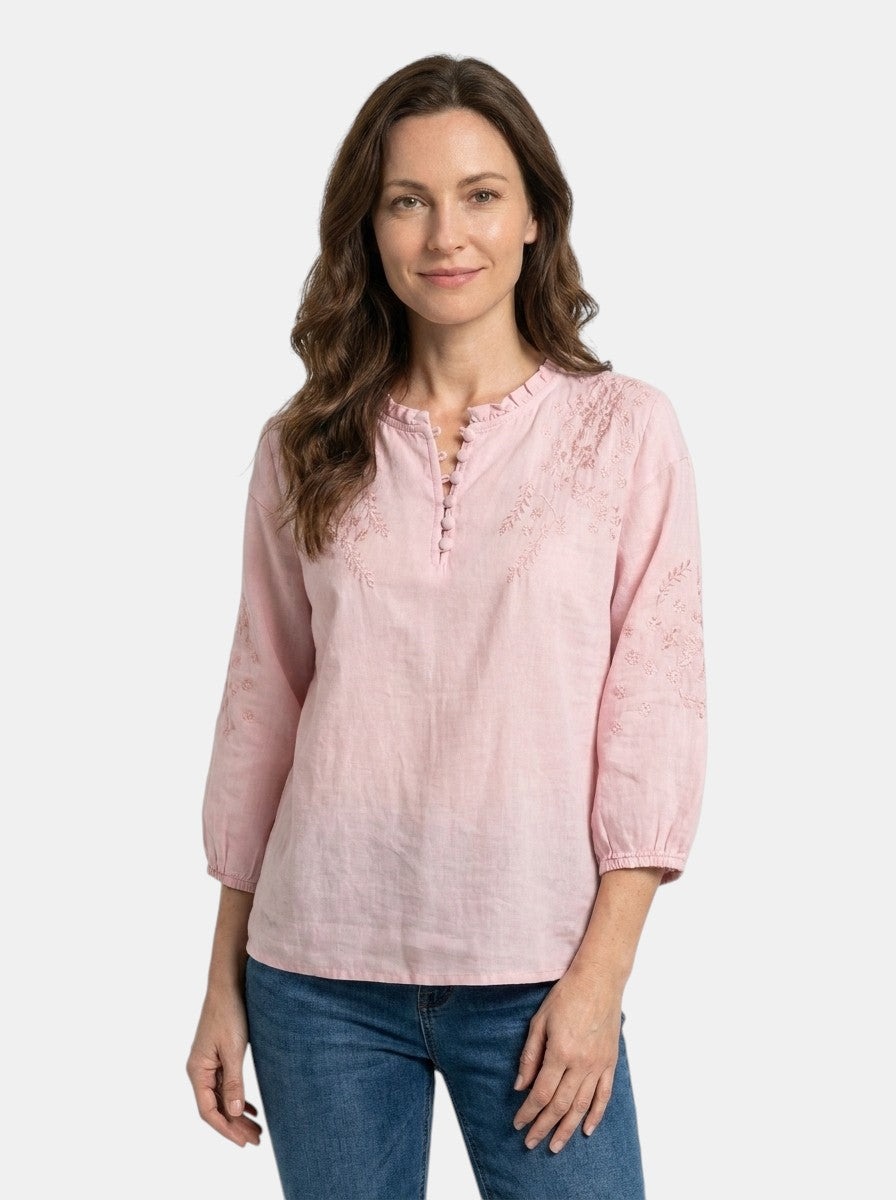 Blusa femenina bordada con flores | Top de verano ligero y elegante con diseño clásico de botones al frente