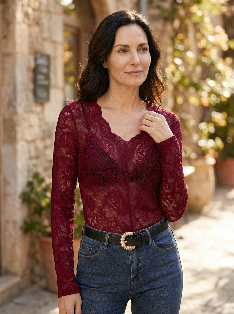 Womens Floral Lace Blouse | Elegant Slim Fit Long Sleeve Top for Spring and Summer 1