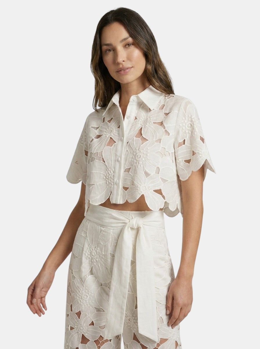 Conjunto de dos piezas para mujer con encaje floral | Top corto elegante con capa y pantalones de pierna ancha para primavera/verano