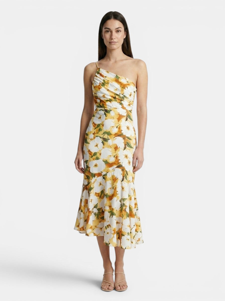 Robe midi fleurie pour femme | Robe de cocktail d'été élégante asymétrique pour occasions spéciales