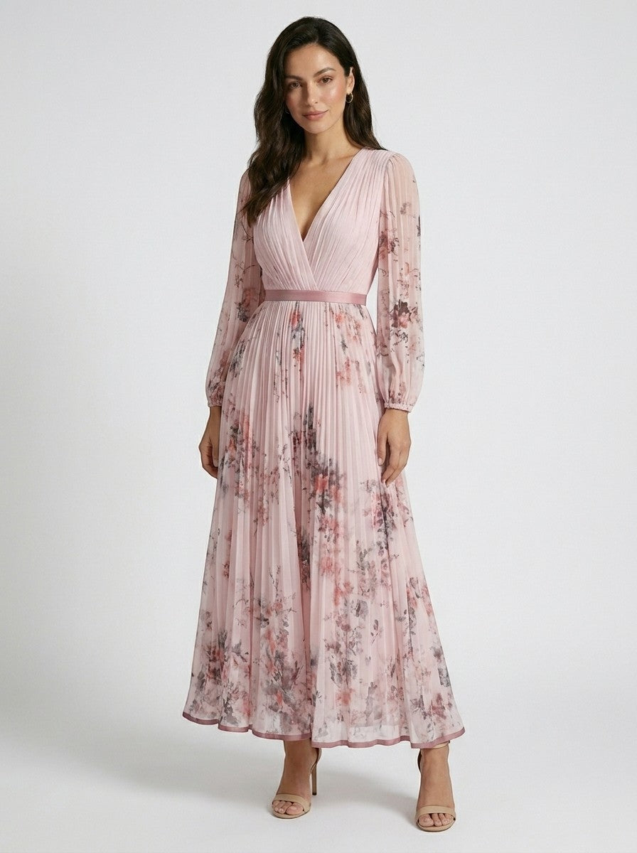 Robe maxi plissée à fleurs pour femme | Élégante robe d'été à manches longues et col en V