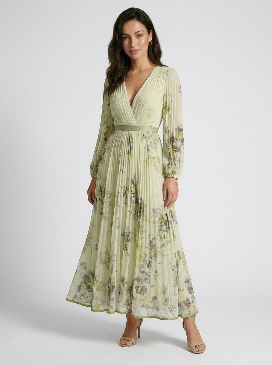 Robe maxi plissée à fleurs pour femme | Élégante robe d'été à manches longues et col en V