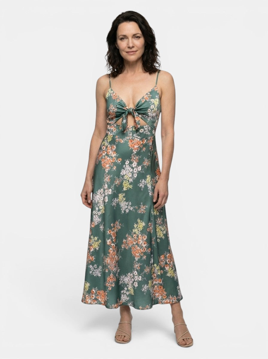 Womens Floral Print Midi Dress | Elegant Tie-Front Cutout Design for All-Season Style 2