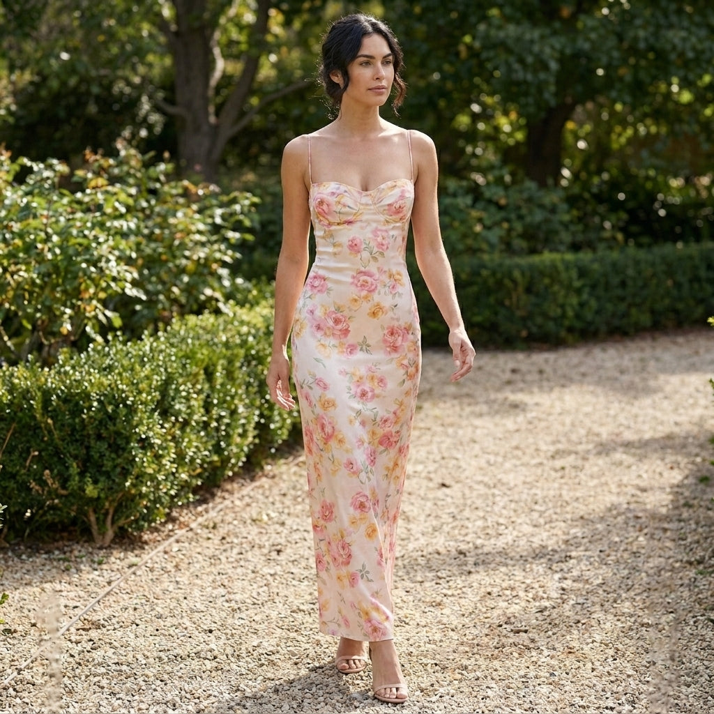 Vestido maxi floral para mujer | Elegante vestido fruncido para invitada de boda de verano