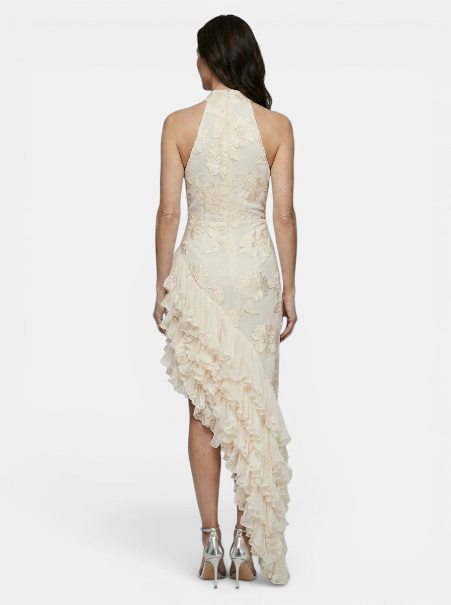 Womens Floral Textured Maxi Dress | Elegant Halter Neck Asymmetric Ruffle Gown 5