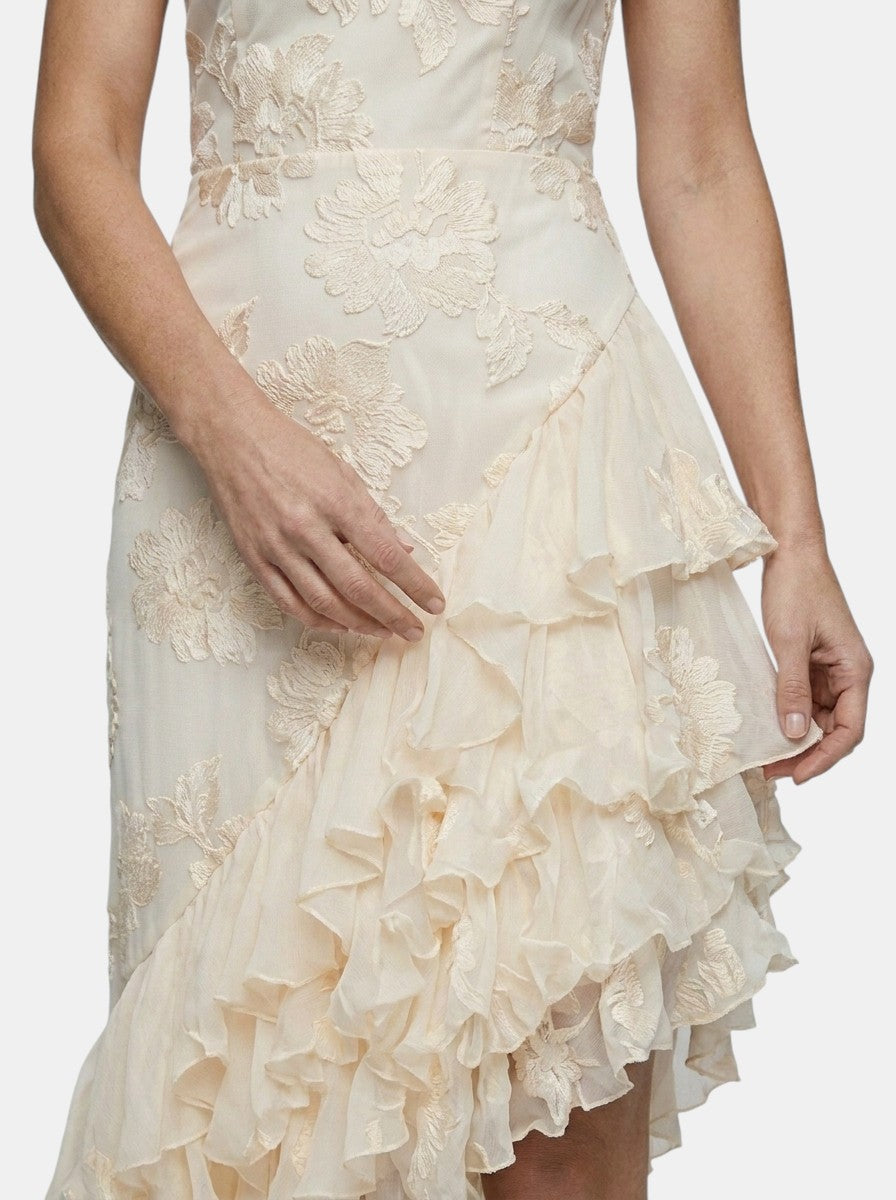 Womens Floral Textured Maxi Dress | Elegant Halter Neck Asymmetric Ruffle Gown 4