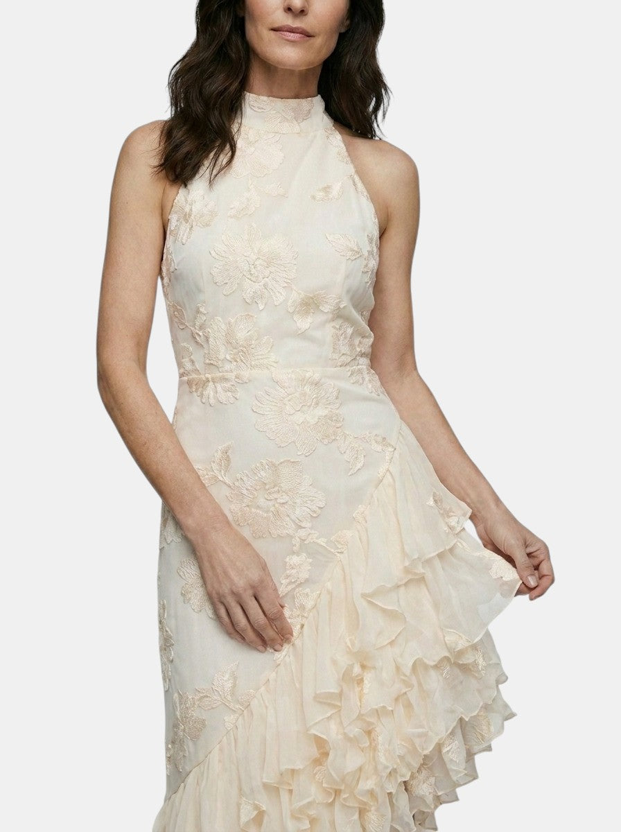 Womens Floral Textured Maxi Dress | Elegant Halter Neck Asymmetric Ruffle Gown 3