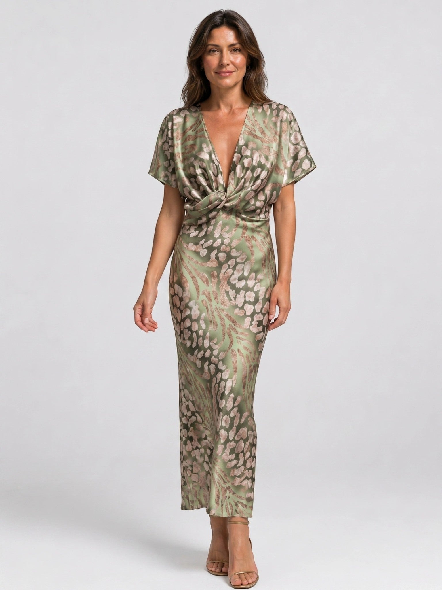 Abito lungo da donna in tessuto fluente con cintura | Elegante abito da sera formale con scollo attorcigliato