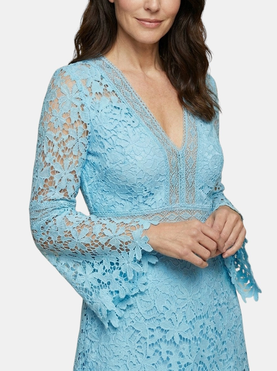 Womens Guipure Lace Evening Dress | Elegant Long Sleeve V-Neck Cocktail Gown 5