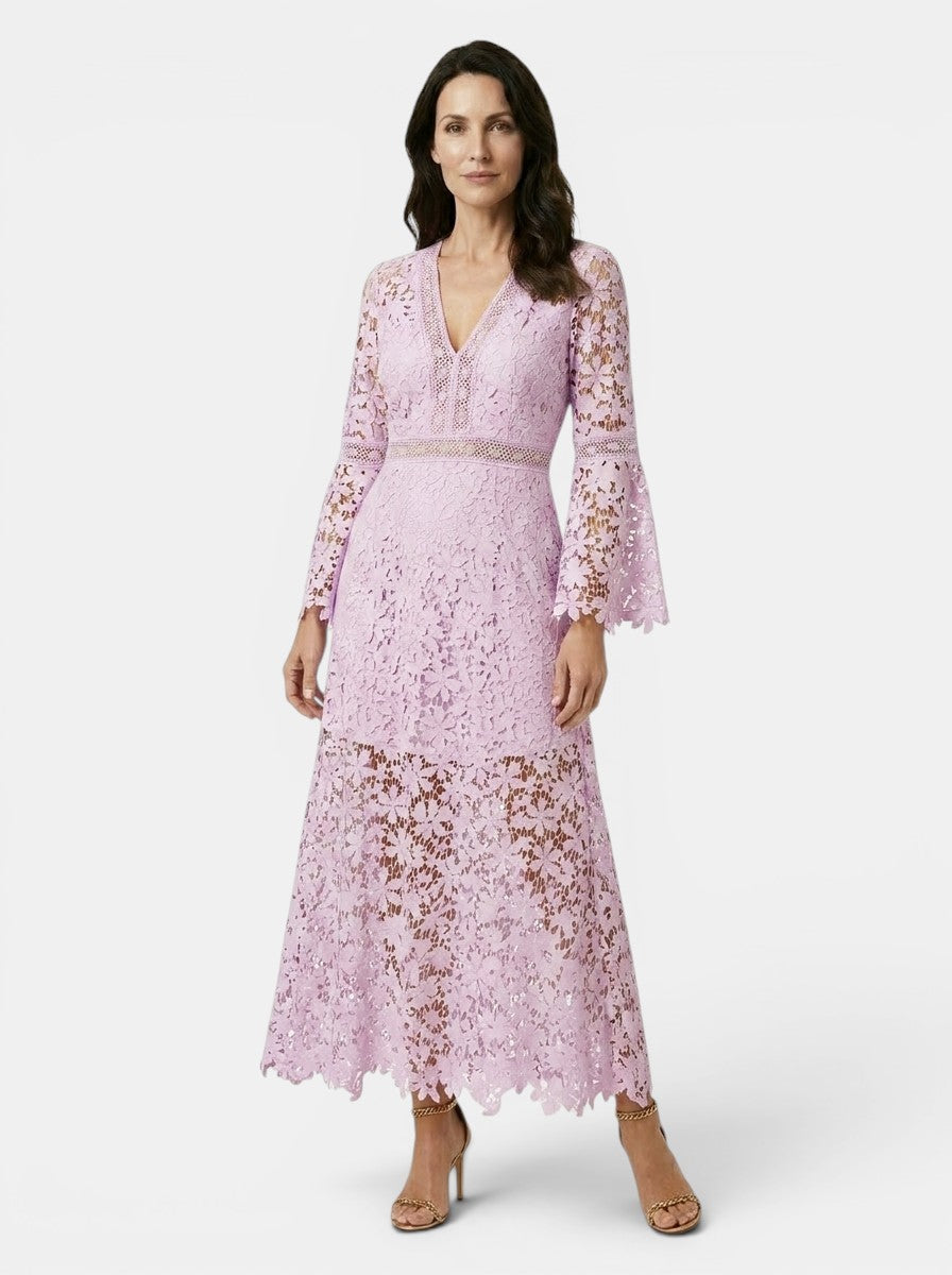 Womens Guipure Lace Evening Dress | Elegant Long Sleeve V-Neck Cocktail Gown 6