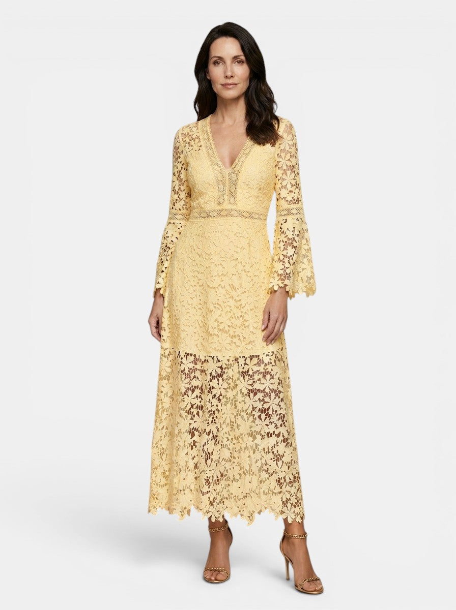 Womens Guipure Lace Evening Dress | Elegant Long Sleeve V-Neck Cocktail Gown 8
