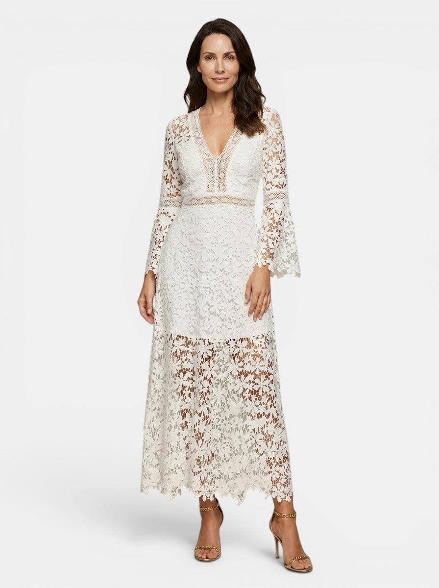 Womens Guipure Lace Evening Dress | Elegant Long Sleeve V-Neck Cocktail Gown 2