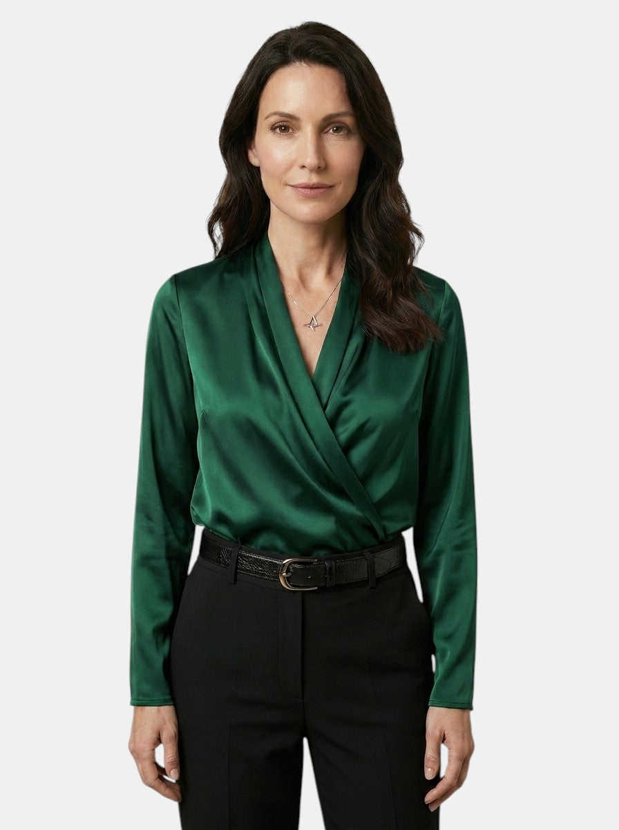 Womens High-Sheen Satin Blouse | Elegant Draped Crossover Long Sleeve Top 5