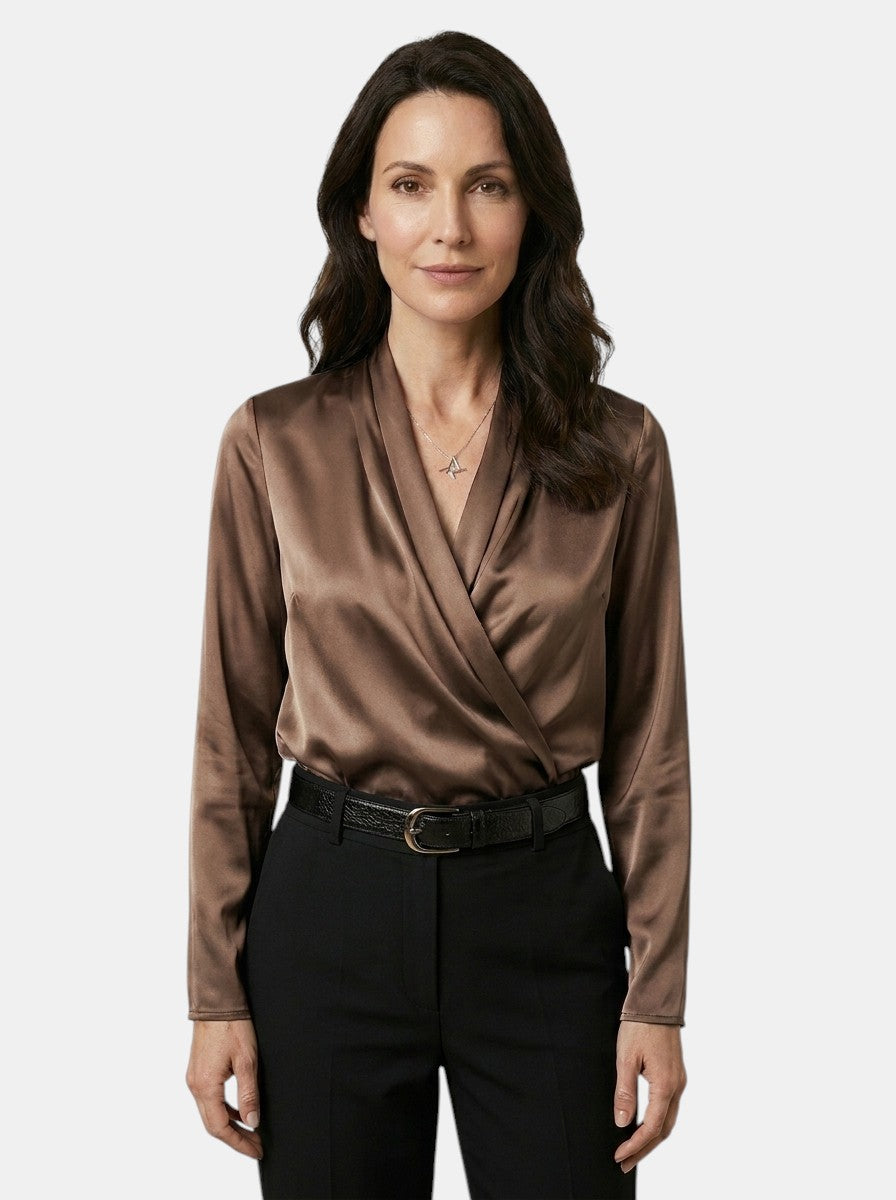 Womens High-Sheen Satin Blouse | Elegant Draped Crossover Long Sleeve Top 7