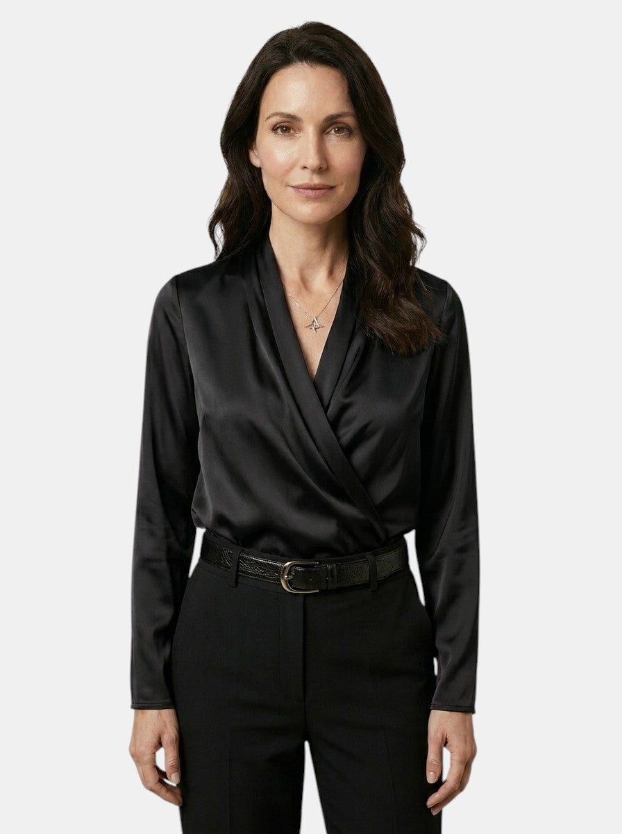 Womens High-Sheen Satin Blouse | Elegant Draped Crossover Long Sleeve Top 9