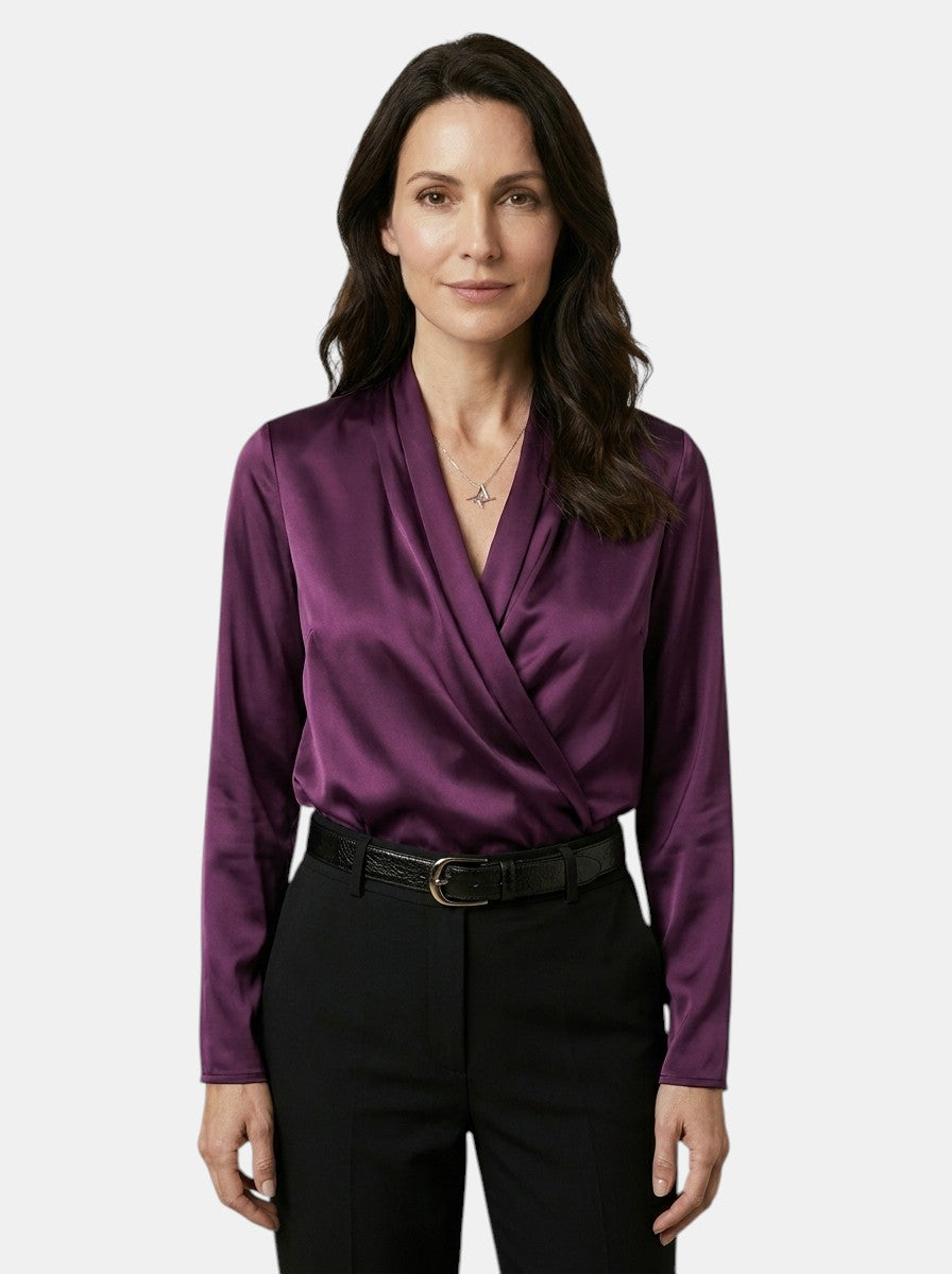 Womens High-Sheen Satin Blouse | Elegant Draped Crossover Long Sleeve Top 3