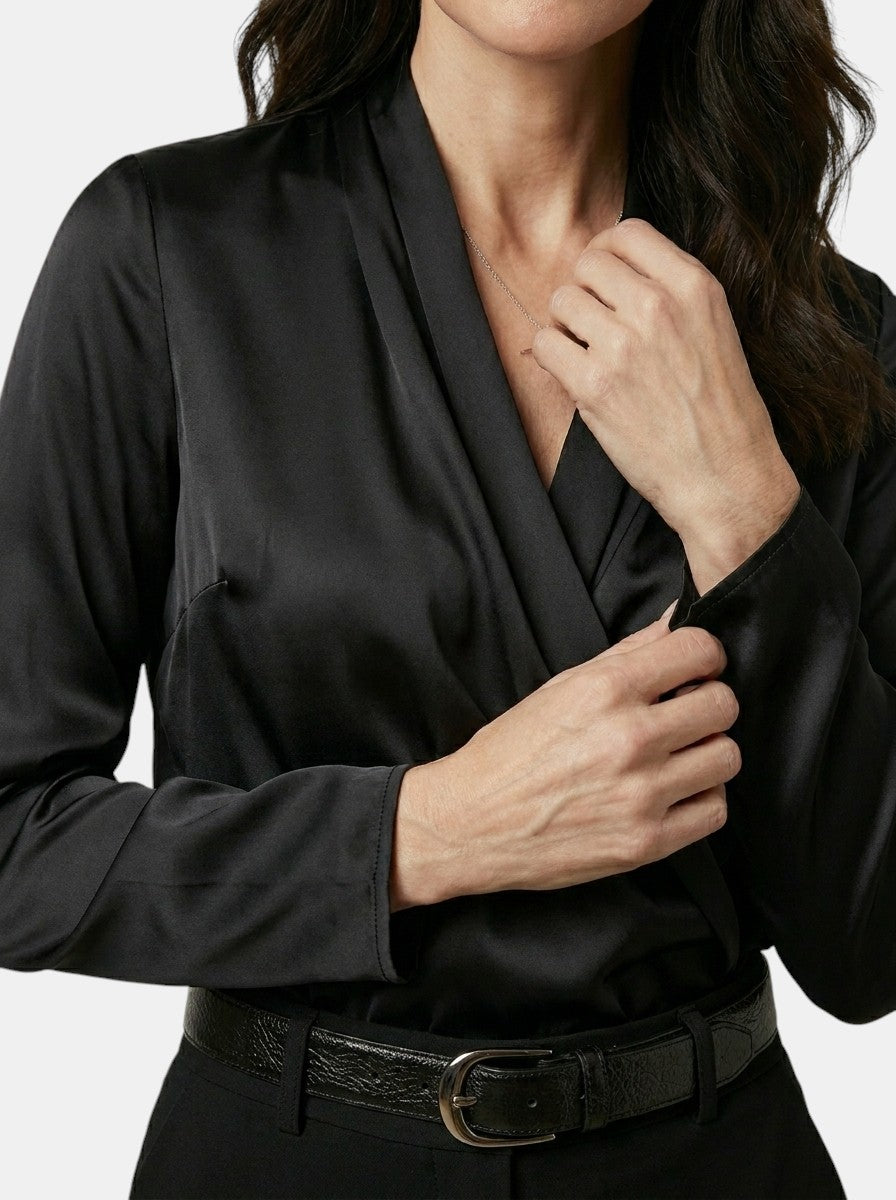 Womens High-Sheen Satin Blouse | Elegant Draped Crossover Long Sleeve Top 10