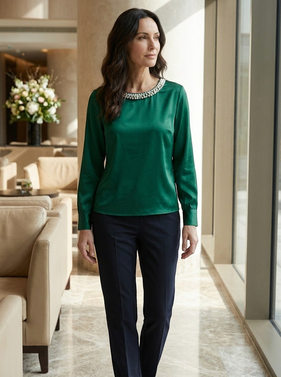 Womens High-Sheen Satin Blouse | Elegant Relaxed Bishop Sleeve Top 1