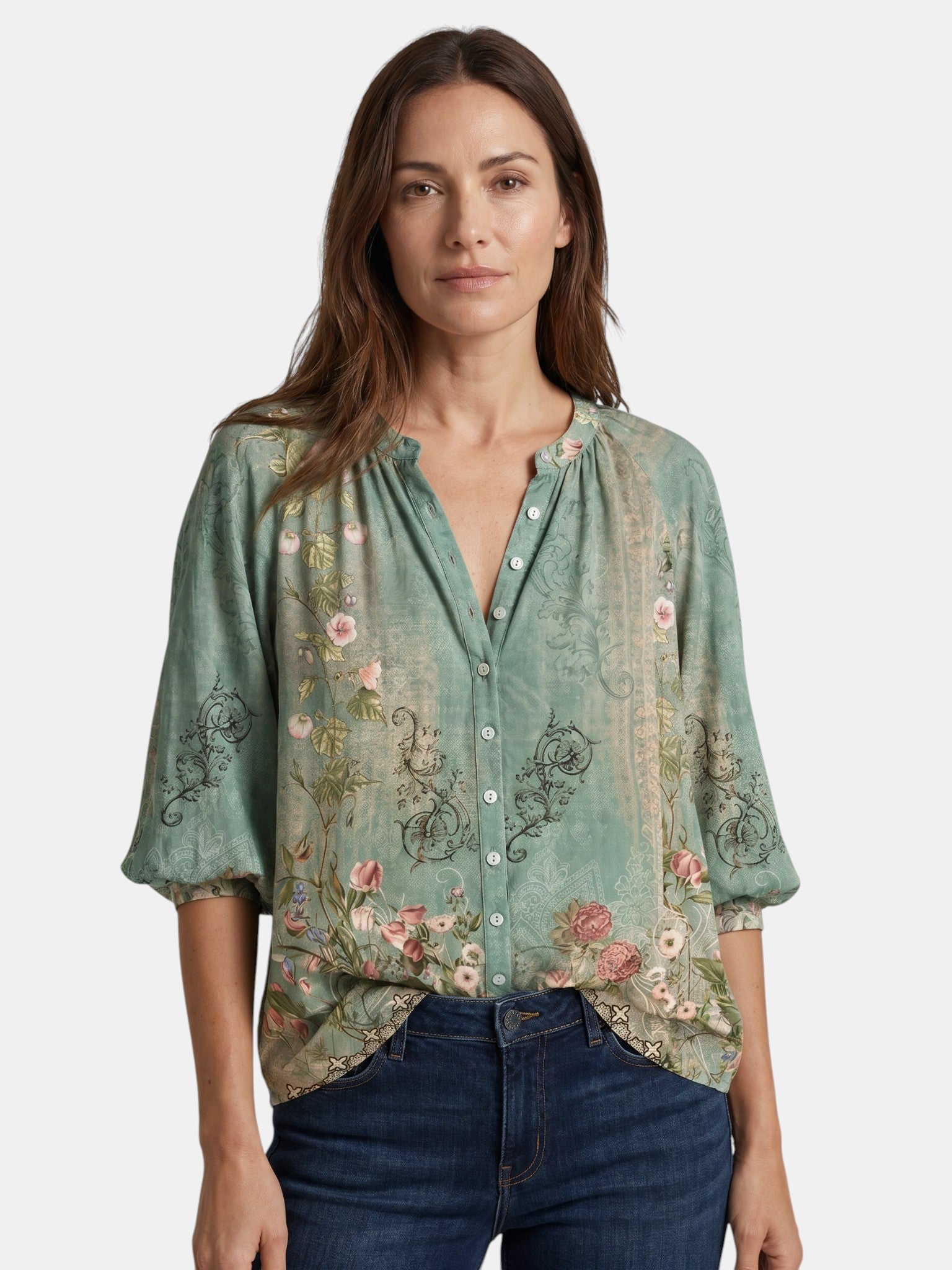 Blusa leggera da donna con stampa boho | Top estivo a maniche lunghe con scollo a V ampio