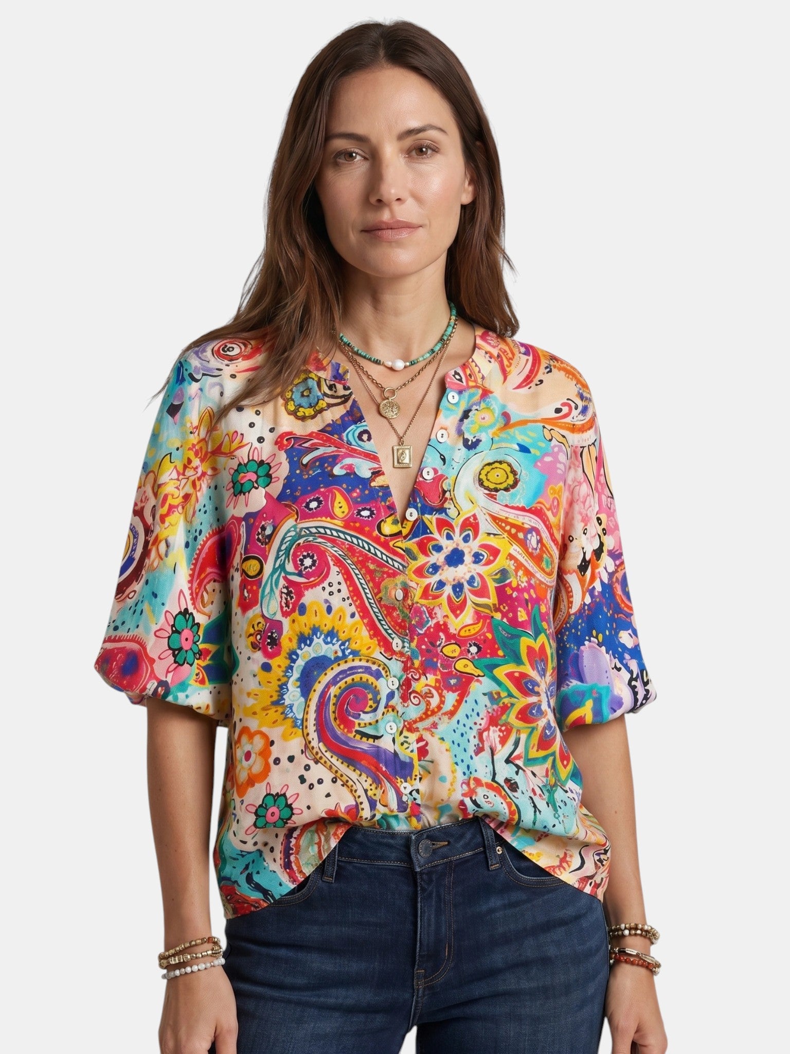 Blusa leggera da donna con stampa boho | Top estivo a maniche lunghe con scollo a V ampio