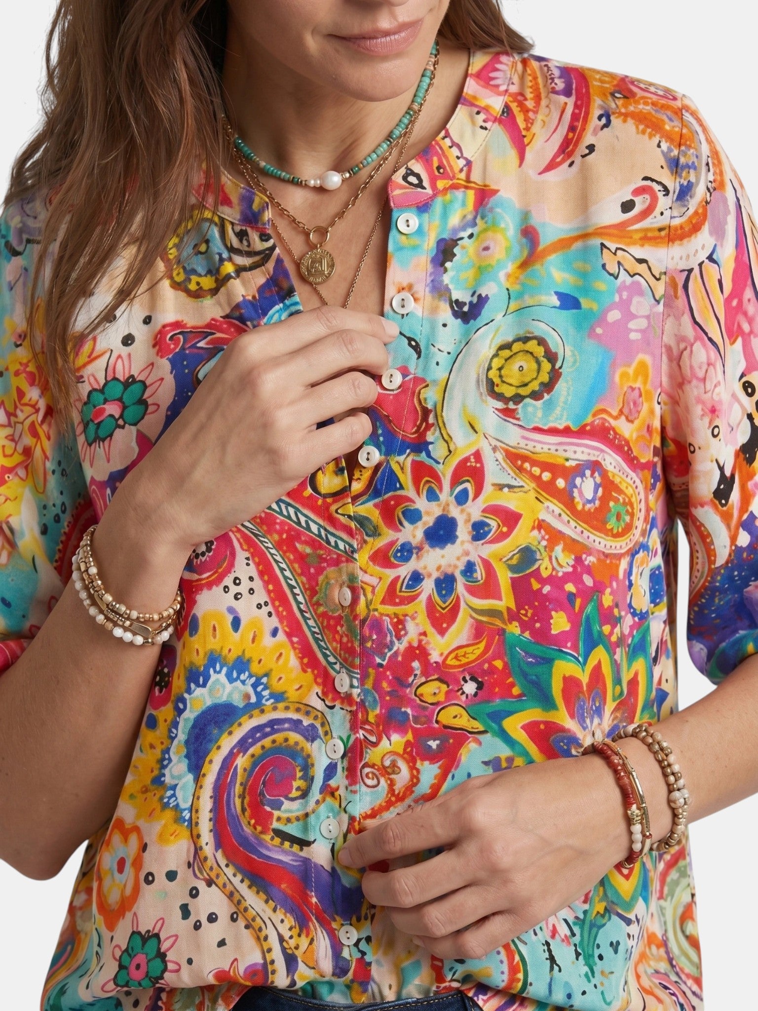 Blusa leggera da donna con stampa boho | Top estivo a maniche lunghe con scollo a V ampio