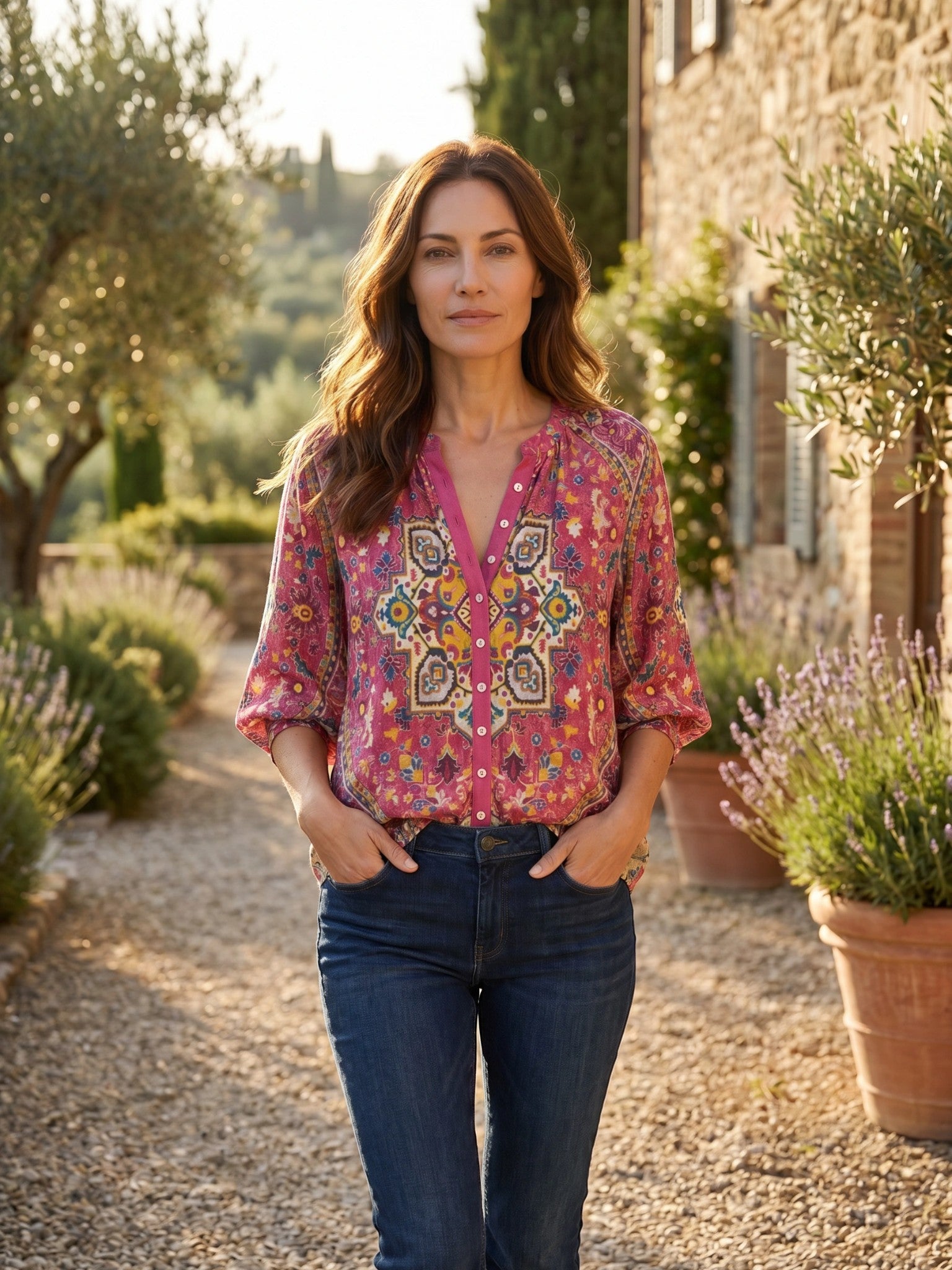 Women's Lightweight Boho Print Blouse | Relaxed V-Neck Long Sleeve Summer Top