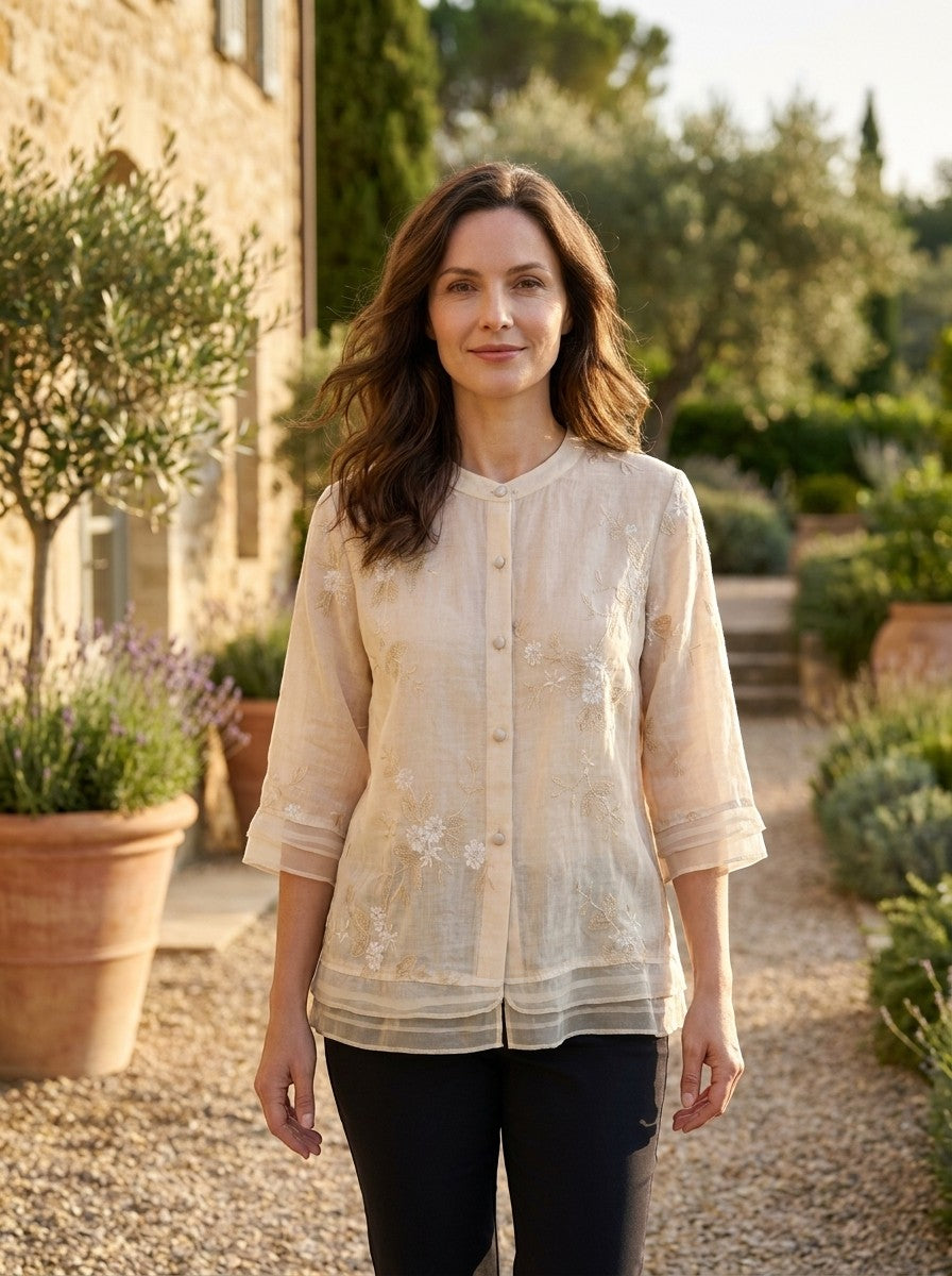 Women's Lightweight Cotton Blouse | Floral Embroidered Summer Top | Flowy Relaxed Fit