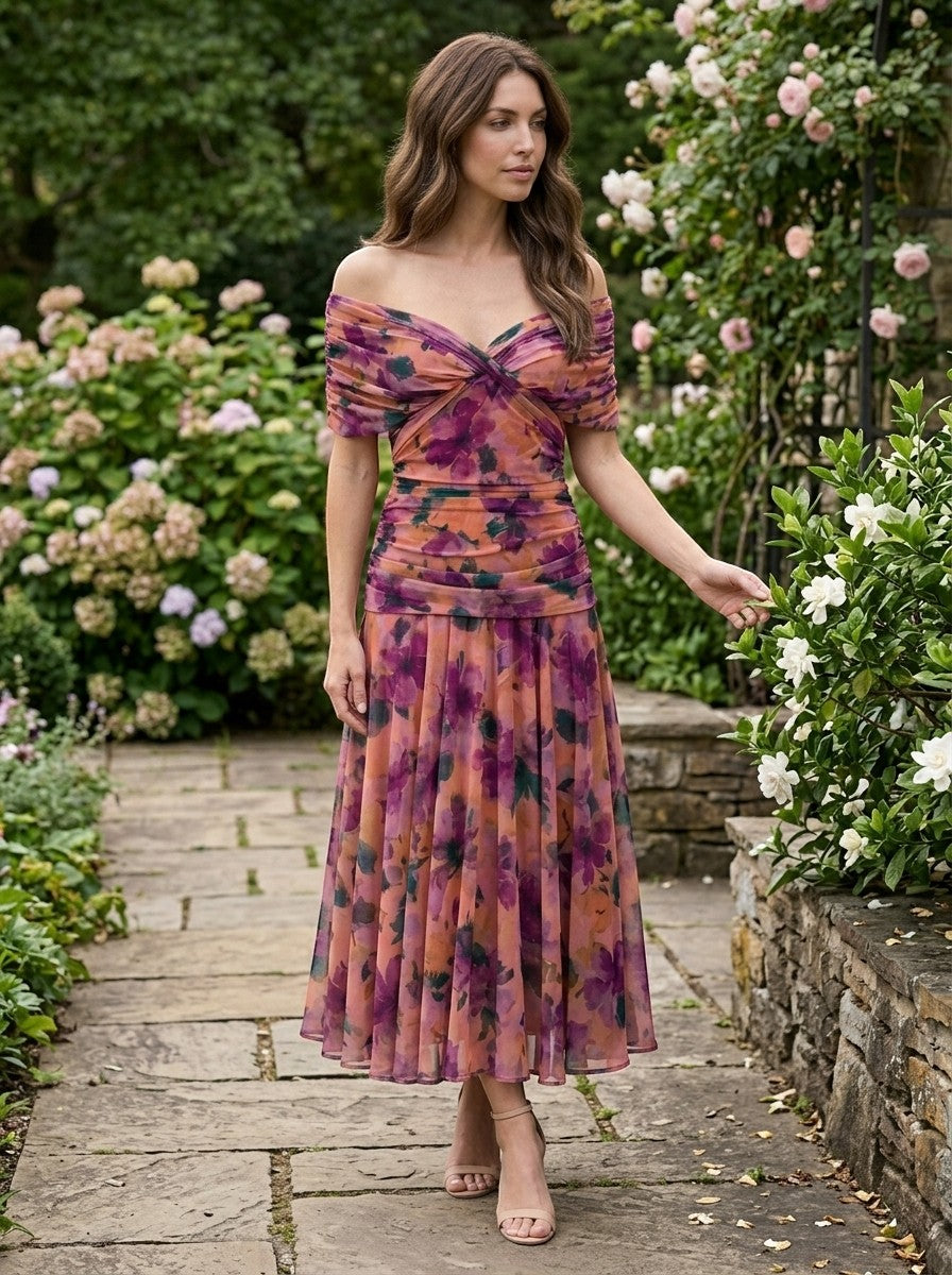 Robe longue légère à fleurs pour femme | Décolleté en V élégant avec taille plissée pour l'été