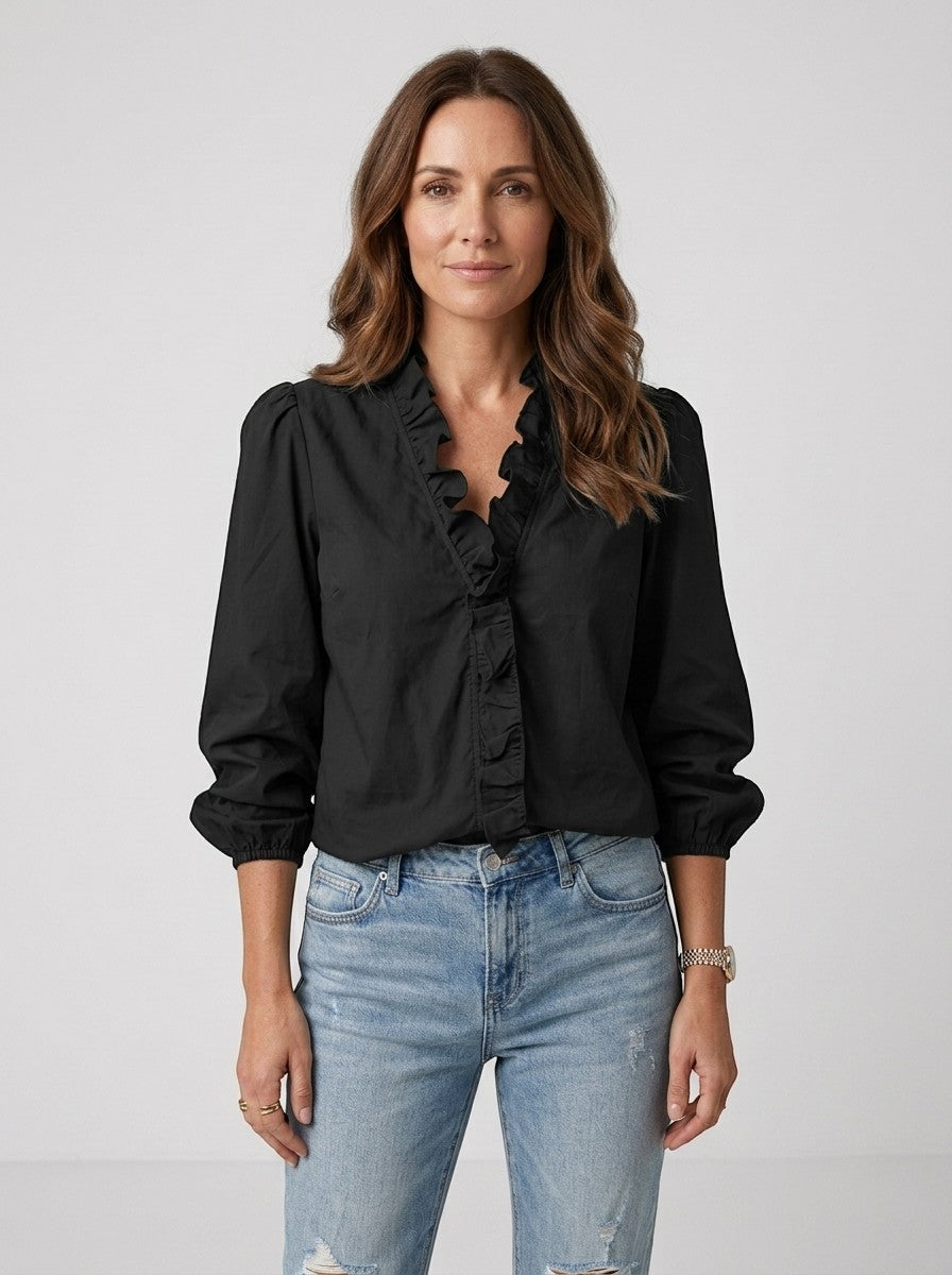 Blusa ligera de tela suave para mujer | Top romántico con cuello con volantes y mangas abullonadas