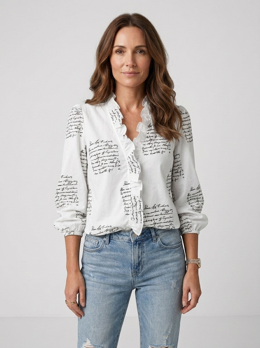 Blusa ligera de tela suave para mujer | Top romántico con cuello con volantes y mangas abullonadas