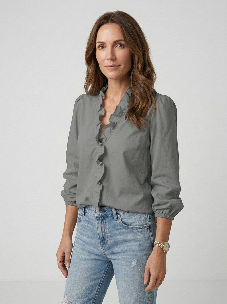 Blusa ligera de tela suave para mujer | Top romántico con cuello con volantes y mangas abullonadas