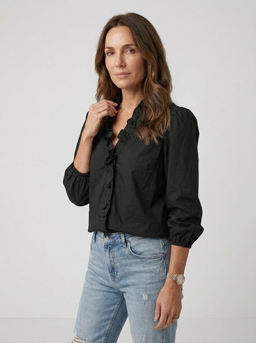 Blusa ligera de tela suave para mujer | Top romántico con cuello con volantes y mangas abullonadas